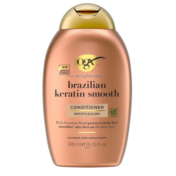 OGX Brazilian Keratin Smooth Conditioner 385ml – Balsam për Flokë të Drejtë & me Shkëlqim