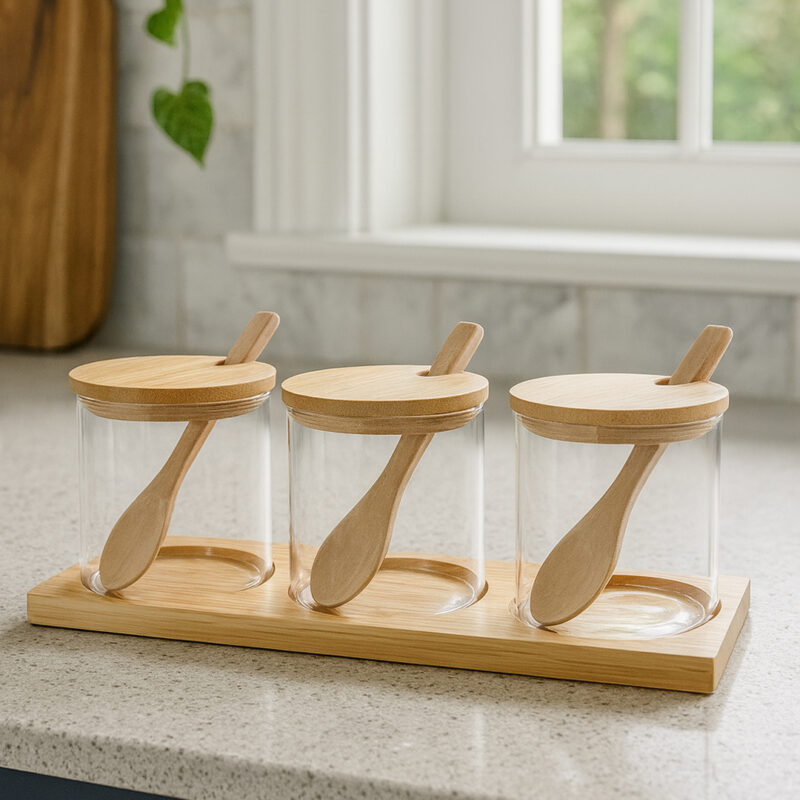 Set kavanozësh me kapak druri dhe lugë