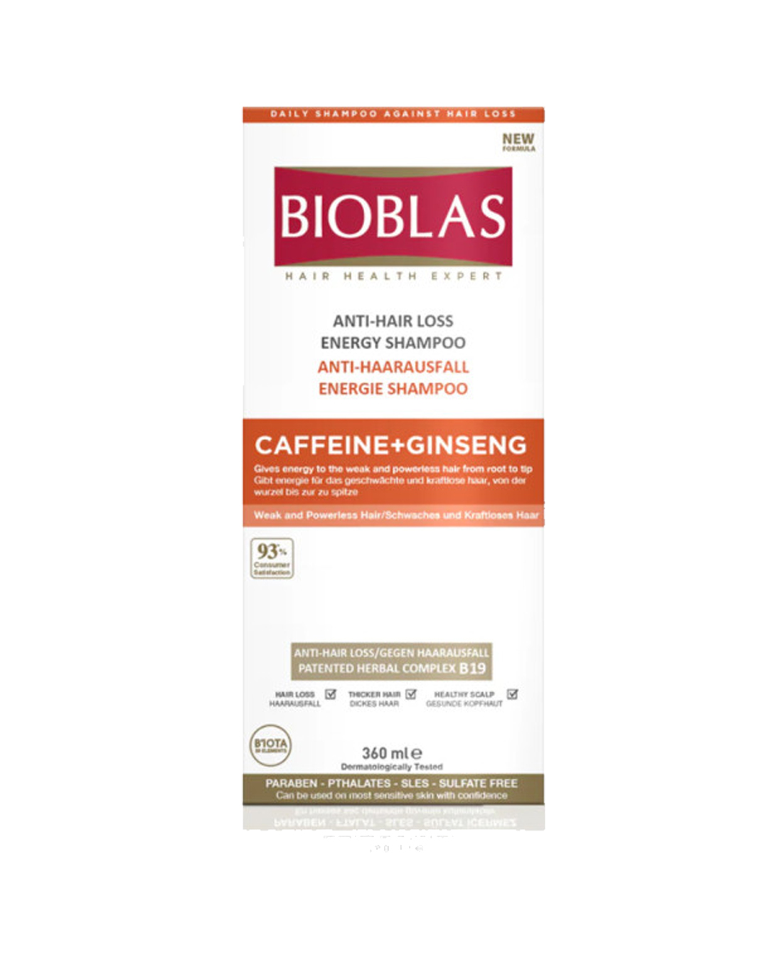 8680512628408 Bioblas Caffeine + Ginseng Anti-Hair Loss Energy Shampoo 360ml – Për Flokë të Dobët dhe të Rralluar - Figura 1