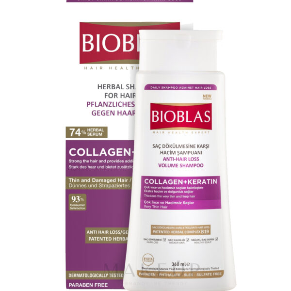 Bioblas Collagen + Keratin Anti-Hair Loss Volume Shampoo 360ml – Për Flokë të Hollë dhe të Dëmtuar