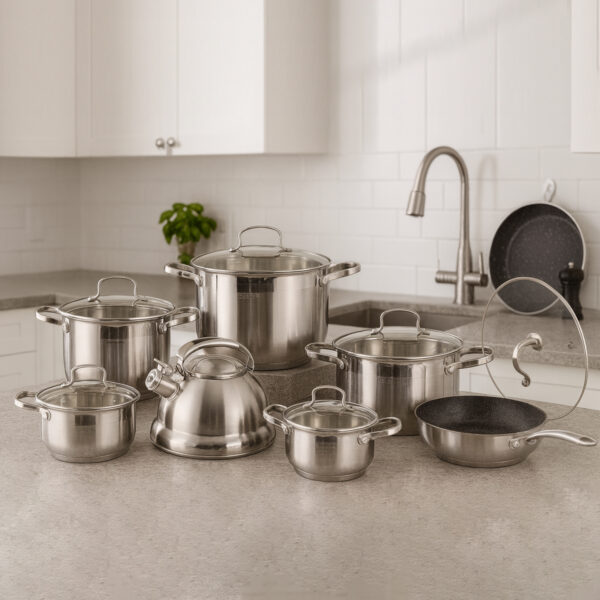 Set Tenxheresh Inoksi me Tigan dhe Çajnik – 7 Pjesë