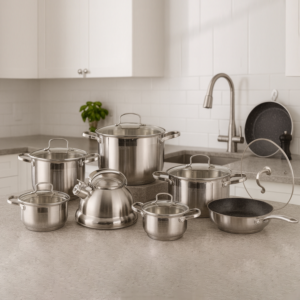 8888888888888888888 Set Tenxheresh Inoksi me Tigan dhe Çajnik – 7 Pjesë - Figura 1